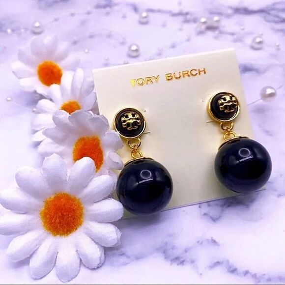 NWOT Tory Burch Gold Logo, Black Enamel Ball Dangle Stud Earings - Picture 3 of 9